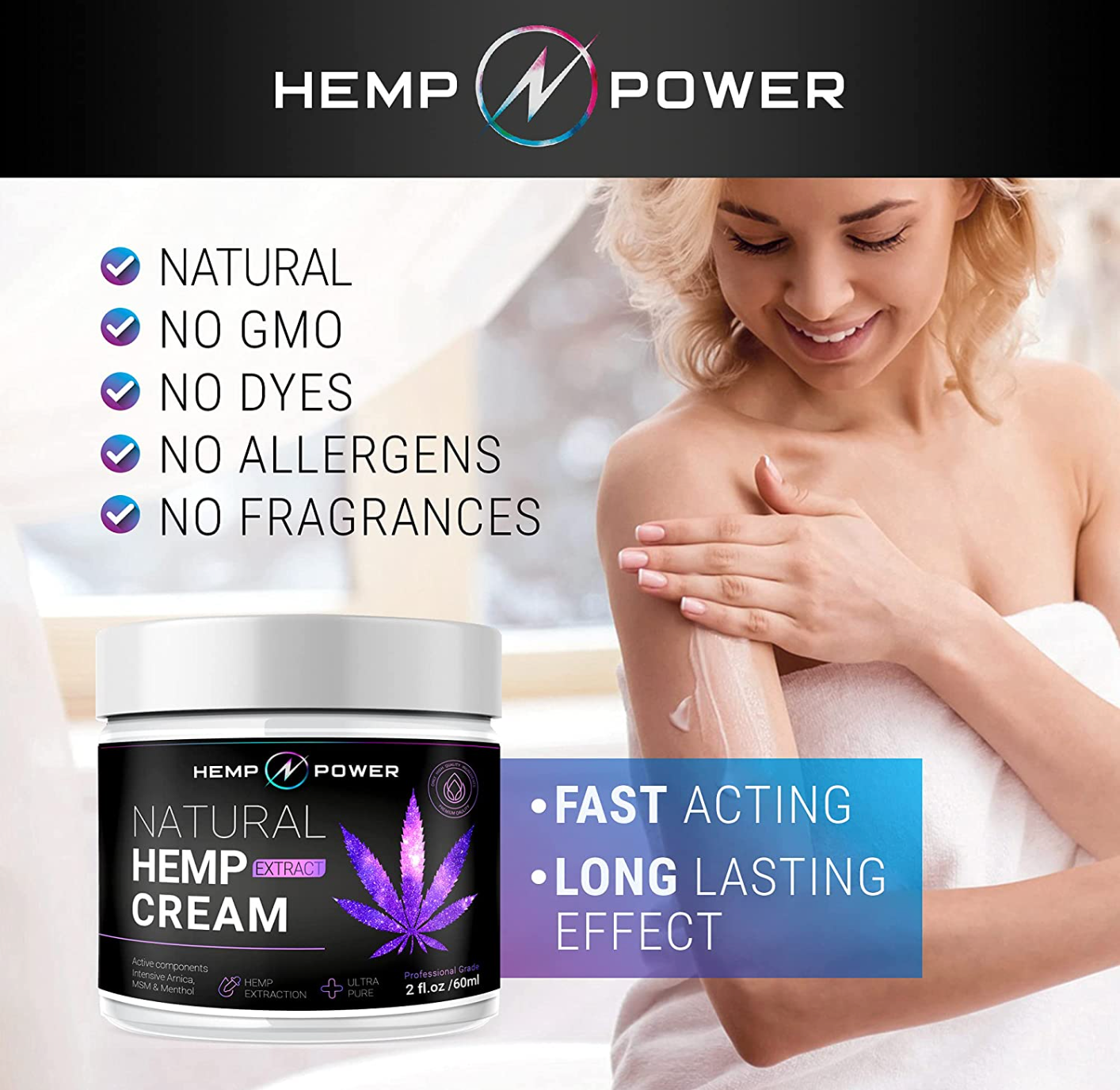 Hemp Power Joint Muscle Relief Cream, with Hemp, Menthol, MSM Arnica, Support Your Back, Muscles, Joints, Neck, Shoulder, Knee, Nerves - 2 Fl Oz
