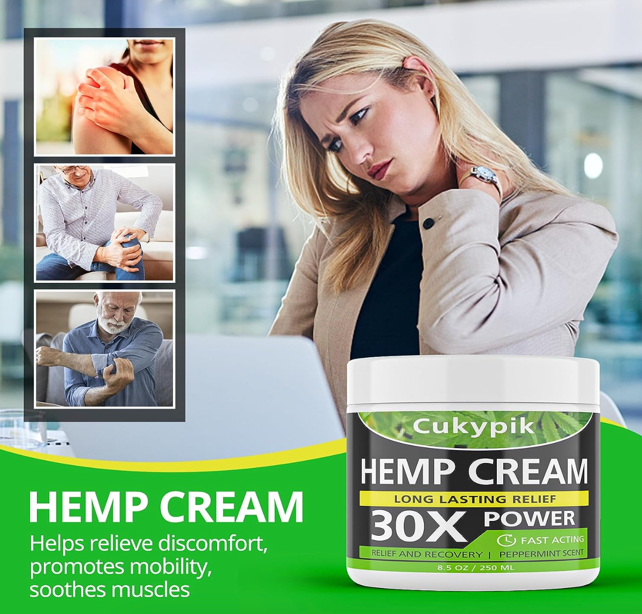 Cukypik Hemp Cream Maximum Strength - Hemp Oil & Arnica Cream, Soothes Discomfort on Muscle Shoulder Hip Neck Knee & Back Support. All Natural Relief Cream - Instant Menthol Rub 8.5oz