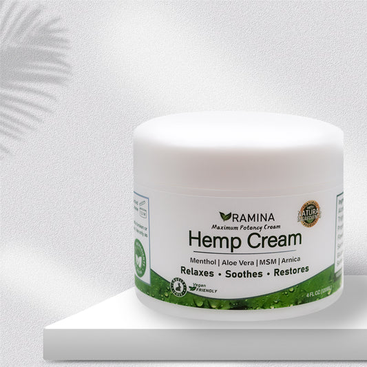 Ramina Natural Hemp Cream -  Infused with Menthol, MSM & Arnica - Cooling Cream for Muscles, Joints, Back, Knee, Nerves  - 4 FL OZ