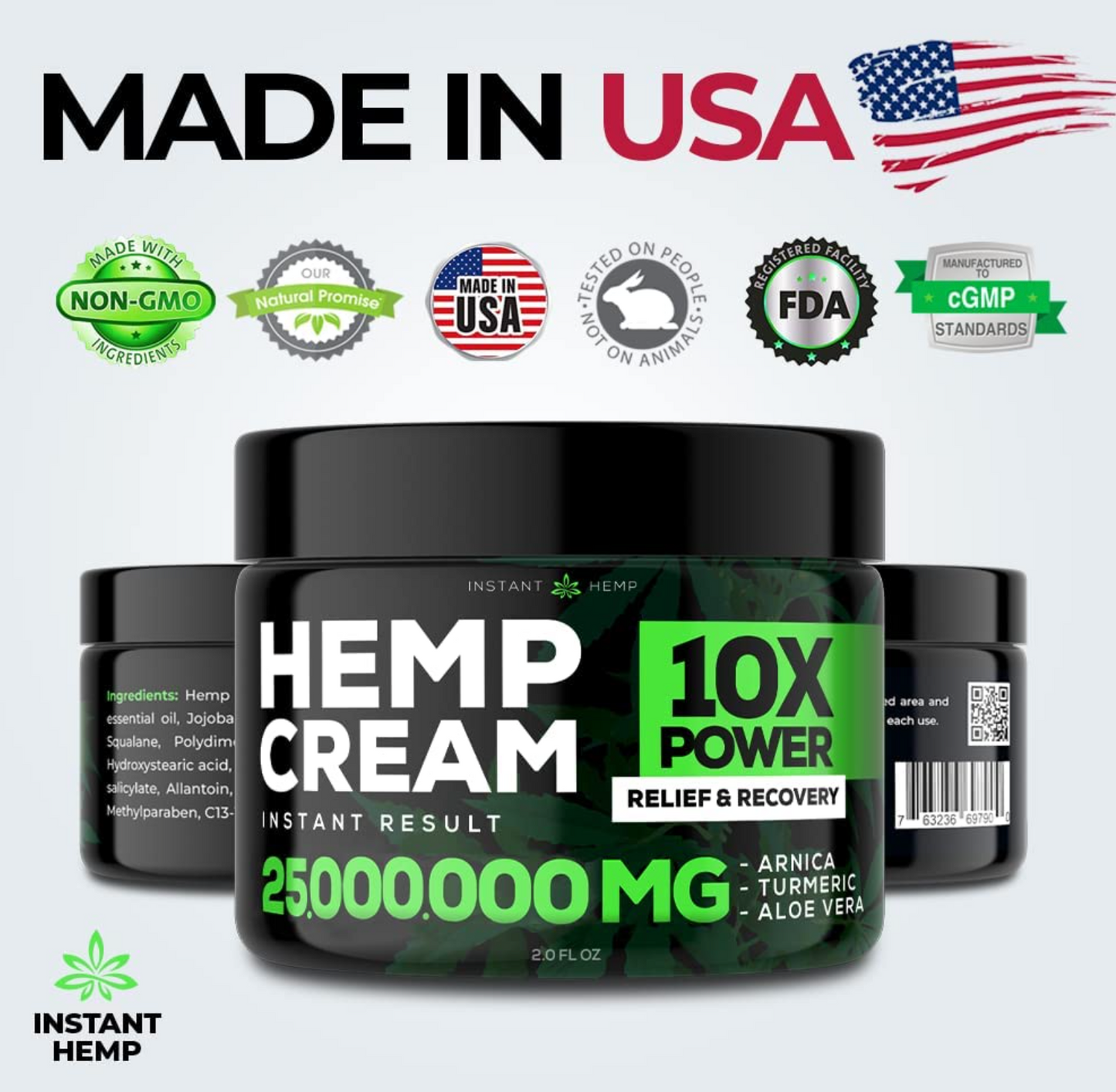 Instant Hemp Cream – Cooling Menthol Soothes Muscles Joints Nerves Back Neck Knees Shoulders Hips – Maximum Joint Support – MSM Turmeric and Arnica – All-Natural Formula - Made in USA