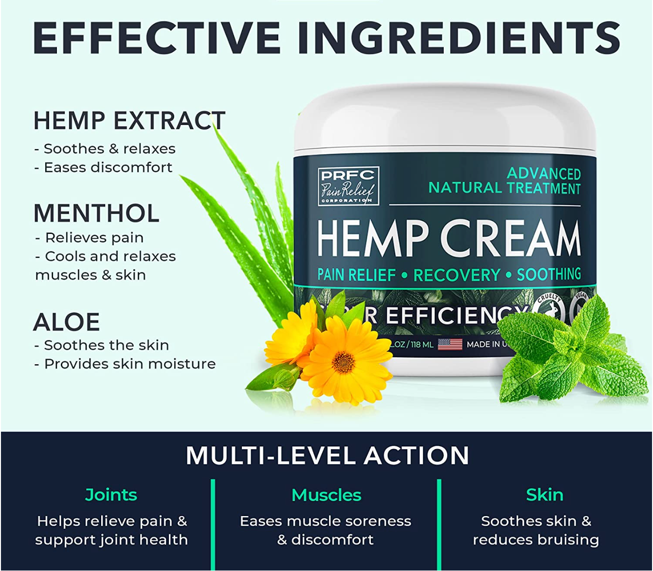 PRFC Instant Hemp Cream for Nerve - Natural Hemp Extract Cream with Arnica & Menthol - Cooling Cream for Discomfort in Knees, Joints and Lower Back - Extra Strength Cream for Instant Results - 4 oz