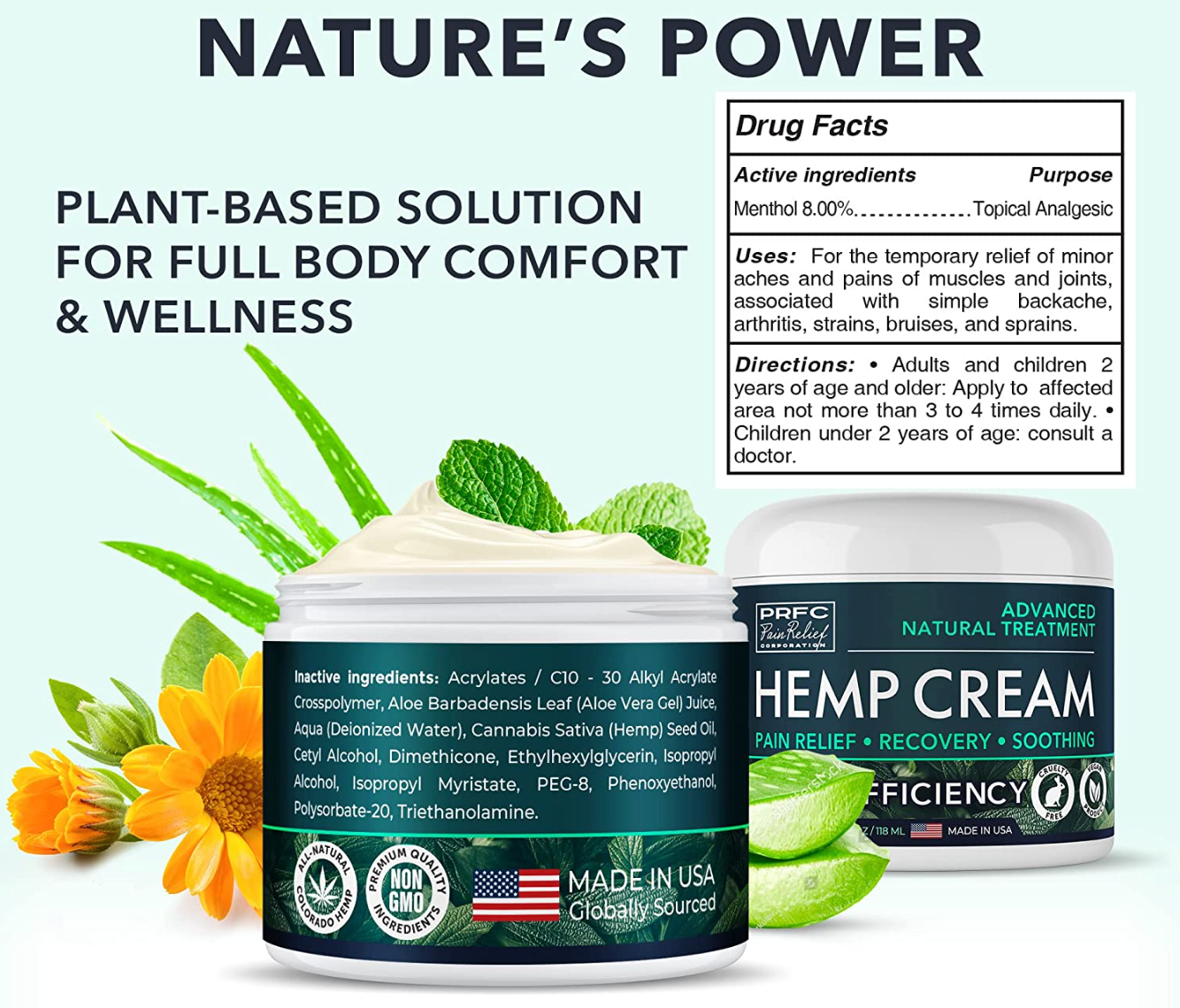 PRFC Instant Hemp Cream for Nerve - Natural Hemp Extract Cream with Arnica & Menthol - Cooling Cream for Discomfort in Knees, Joints and Lower Back - Extra Strength Cream for Instant Results - 4 oz